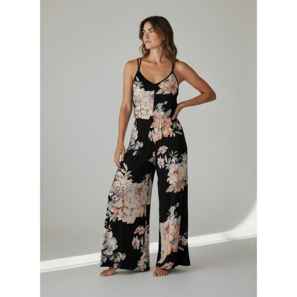 Band of Gypsies Floral Print Wide Leg Lace-Up Back Jumpsuit